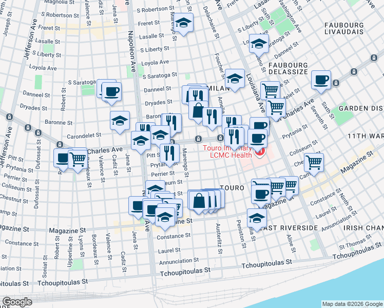 map of restaurants, bars, coffee shops, grocery stores, and more near 4002 Saint Charles Avenue in New Orleans