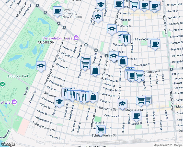 map of restaurants, bars, coffee shops, grocery stores, and more near 1333 Joseph Street in New Orleans