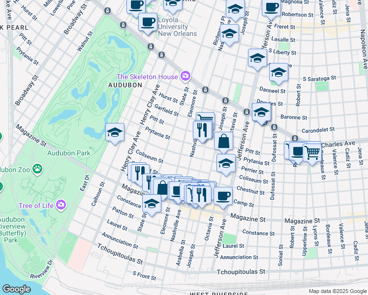 map of restaurants, bars, coffee shops, grocery stores, and more near 6301 Eleonore Street in New Orleans