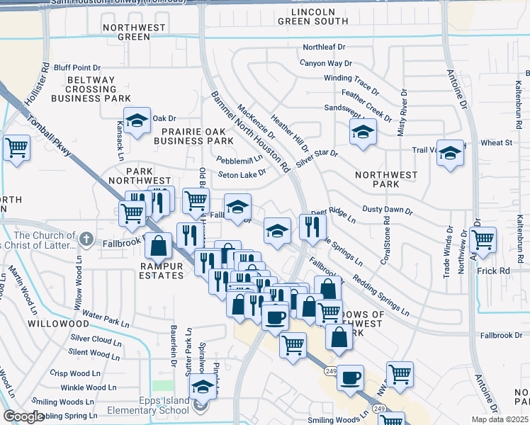 map of restaurants, bars, coffee shops, grocery stores, and more near 7219 Silver Star Drive in Houston