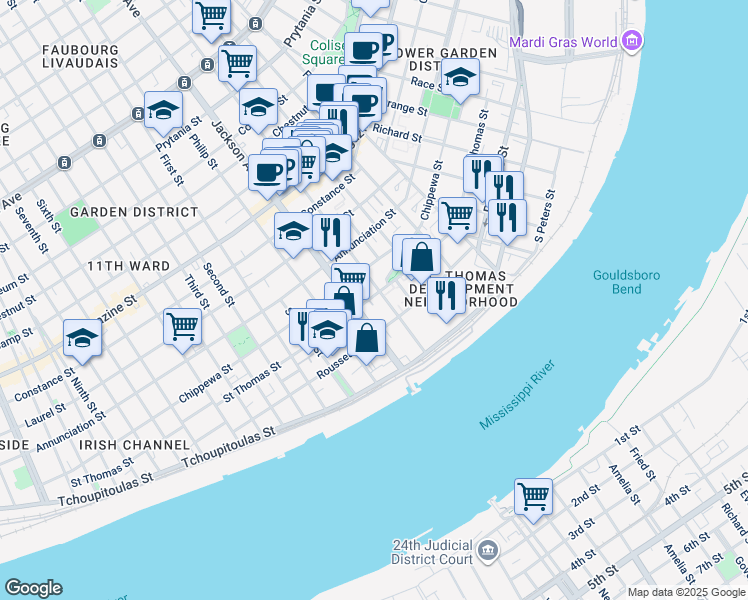 map of restaurants, bars, coffee shops, grocery stores, and more near 2100 Saint Thomas Street in New Orleans