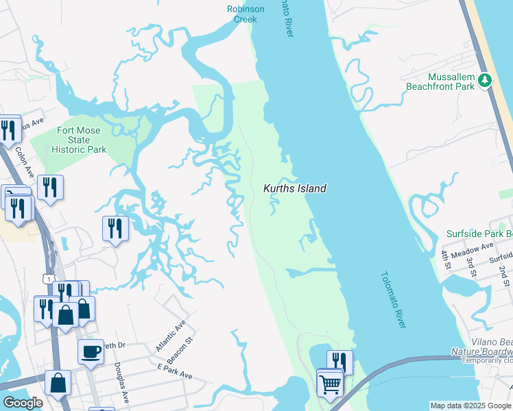 map of restaurants, bars, coffee shops, grocery stores, and more near 3414 Lands End Drive in St. Augustine