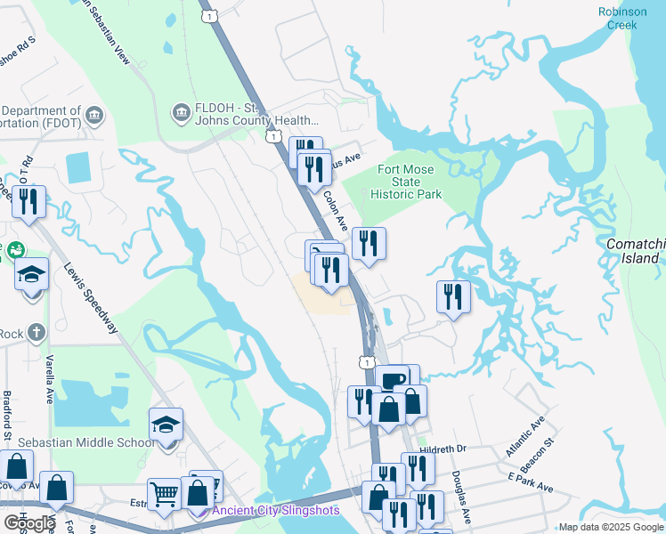 map of restaurants, bars, coffee shops, grocery stores, and more near 3581 North Ponce De Leon Boulevard in St. Augustine