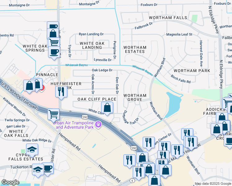 map of restaurants, bars, coffee shops, grocery stores, and more near 13302 Piney Oaks Drive in Houston