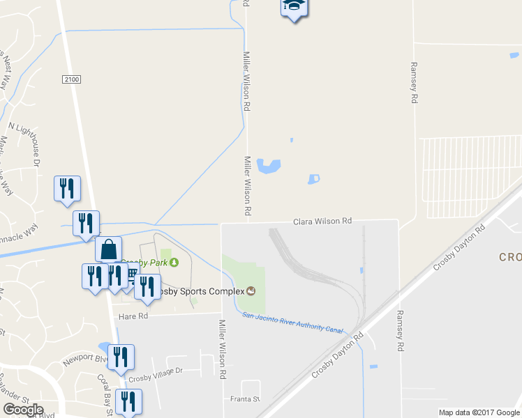 map of restaurants, bars, coffee shops, grocery stores, and more near 705 Clara Wilson Road in Crosby