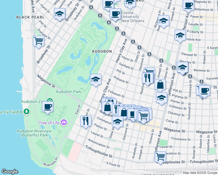 map of restaurants, bars, coffee shops, grocery stores, and more near 6201 Perrier Street in New Orleans