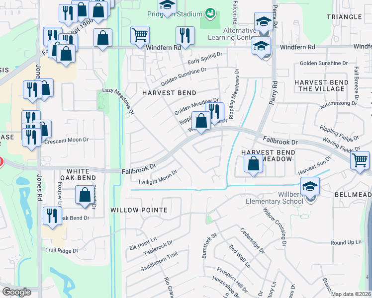 map of restaurants, bars, coffee shops, grocery stores, and more near 10308-10364 Fallbrook Drive in Houston
