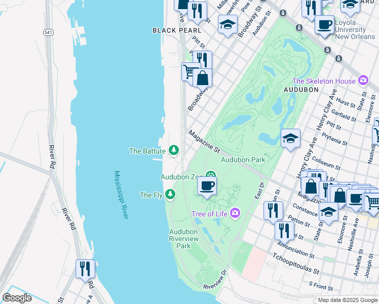 map of restaurants, bars, coffee shops, grocery stores, and more near 123 Walnut Street in New Orleans