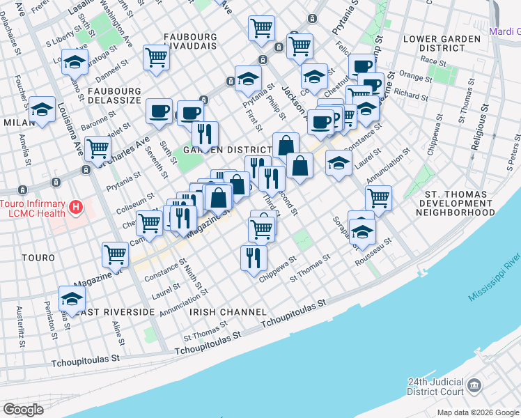 map of restaurants, bars, coffee shops, grocery stores, and more near 1021 Fourth Street in New Orleans