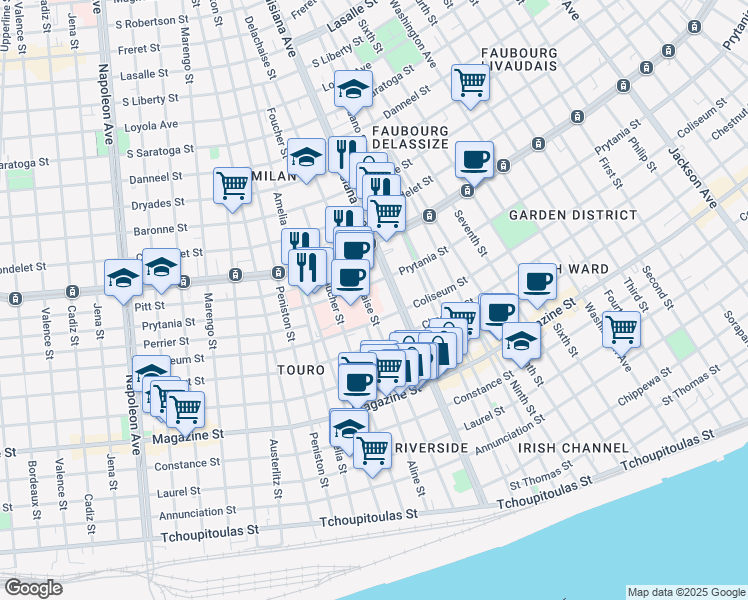 map of restaurants, bars, coffee shops, grocery stores, and more near 3434 Prytania Street in New Orleans