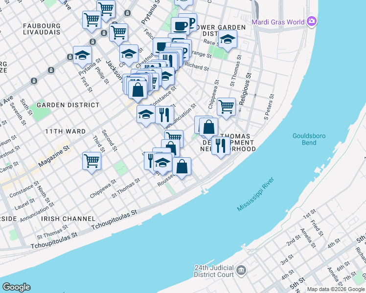 map of restaurants, bars, coffee shops, grocery stores, and more near 2125 Chippewa Street in New Orleans