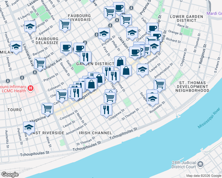 map of restaurants, bars, coffee shops, grocery stores, and more near 1021 Fourth Street in New Orleans