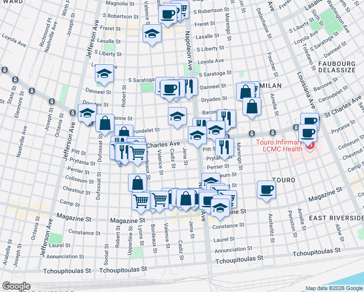 map of restaurants, bars, coffee shops, grocery stores, and more near 4437 Saint Charles Avenue in New Orleans