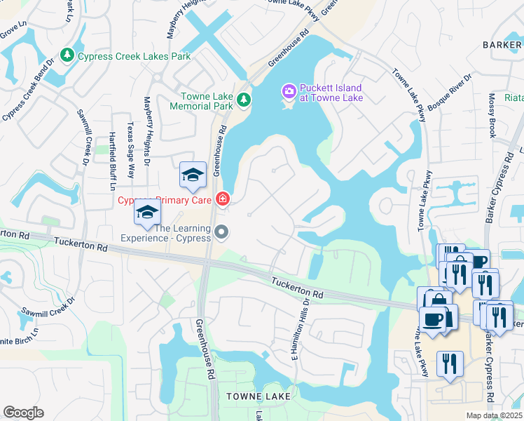 map of restaurants, bars, coffee shops, grocery stores, and more near 10407 East Rio Grande River Drive in Cypress