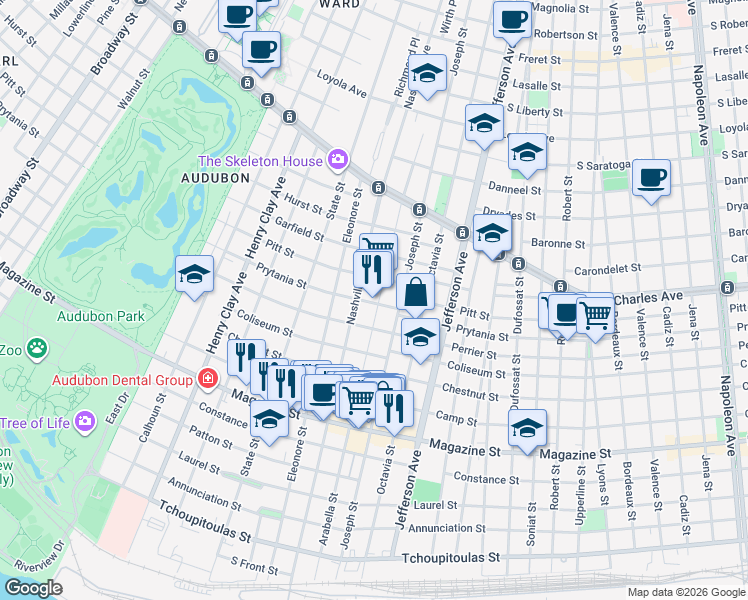 map of restaurants, bars, coffee shops, grocery stores, and more near 1324 Arabella Street in New Orleans