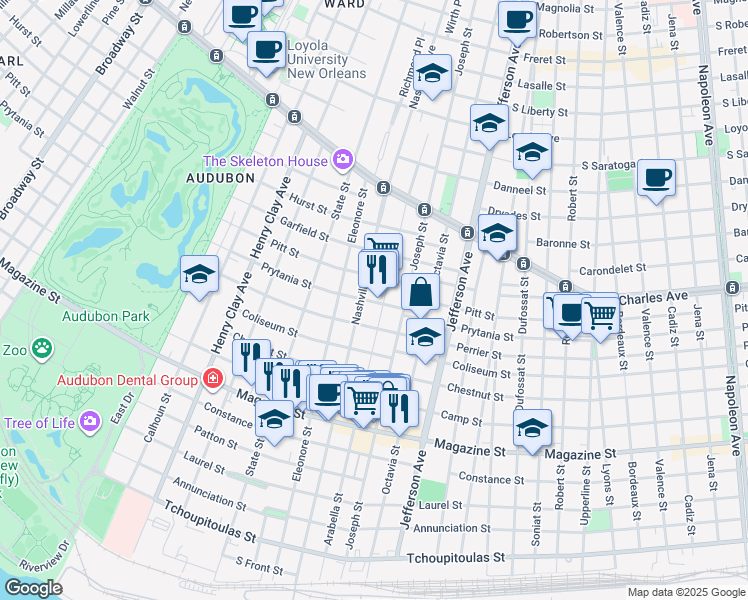 map of restaurants, bars, coffee shops, grocery stores, and more near 1324 Arabella Street in New Orleans