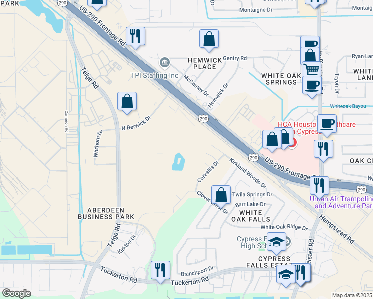 map of restaurants, bars, coffee shops, grocery stores, and more near 21613 Northwest Freeway in Cypress