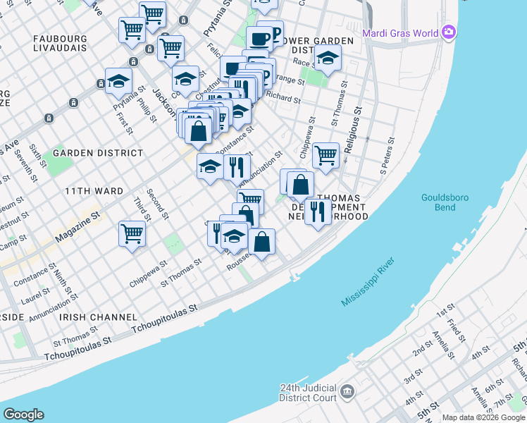 map of restaurants, bars, coffee shops, grocery stores, and more near 2125 Chippewa Street in New Orleans