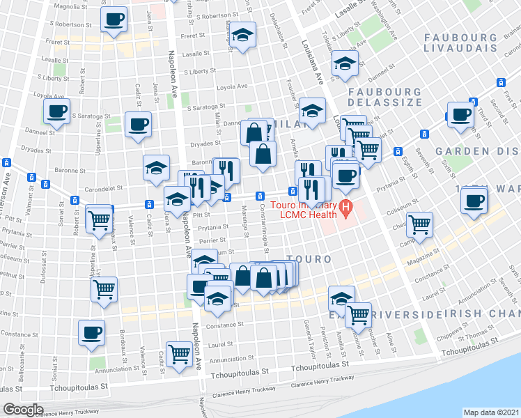 map of restaurants, bars, coffee shops, grocery stores, and more near 4002 Saint Charles Avenue in New Orleans