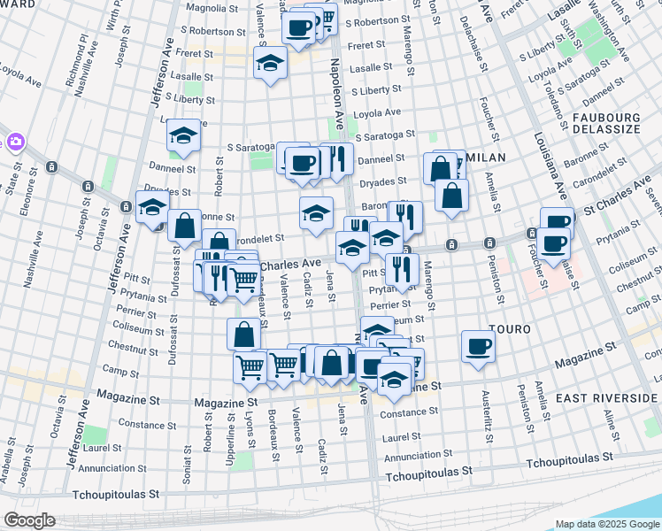map of restaurants, bars, coffee shops, grocery stores, and more near 4437 Saint Charles Avenue in New Orleans