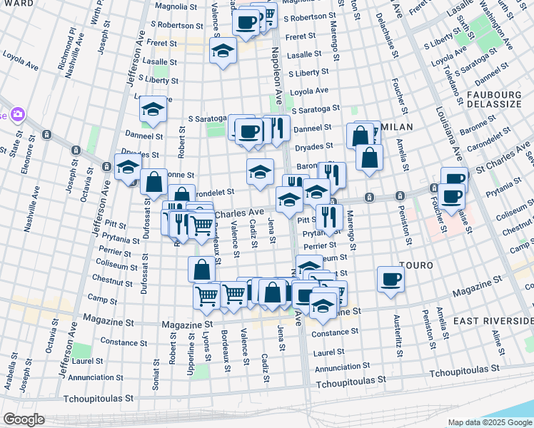 map of restaurants, bars, coffee shops, grocery stores, and more near 4437 Saint Charles Avenue in New Orleans