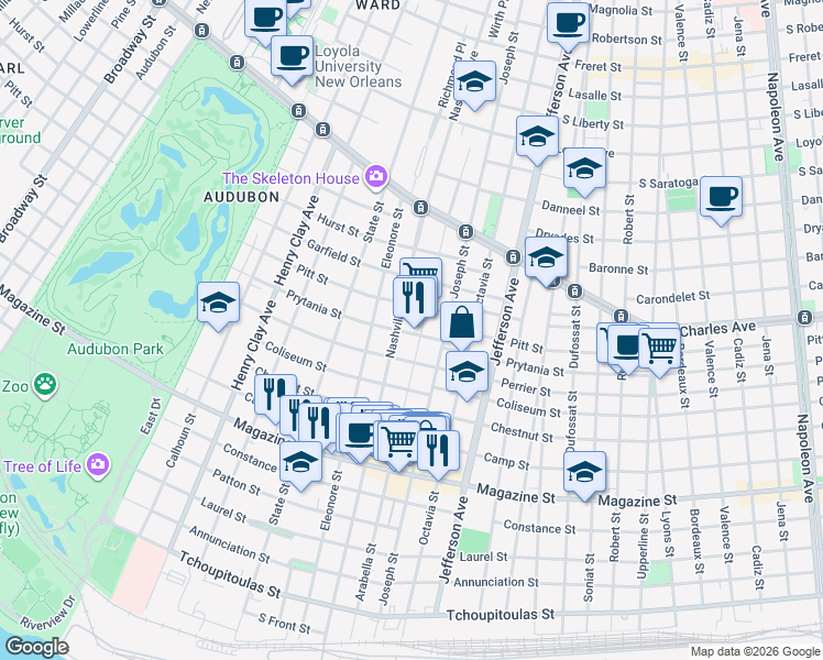 map of restaurants, bars, coffee shops, grocery stores, and more near 1324 Arabella Street in New Orleans