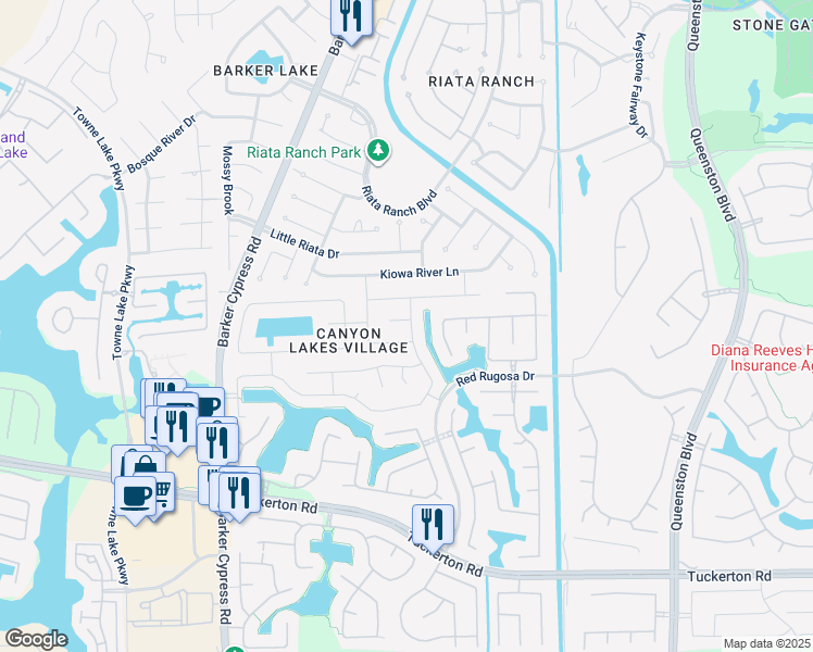 map of restaurants, bars, coffee shops, grocery stores, and more near 17302 Meria Coves Drive in Houston