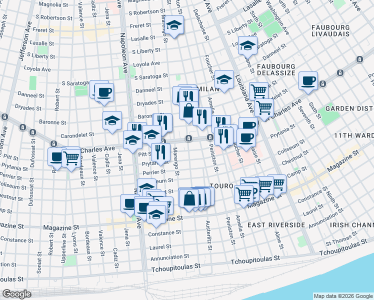 map of restaurants, bars, coffee shops, grocery stores, and more near 4002 Saint Charles Avenue in New Orleans
