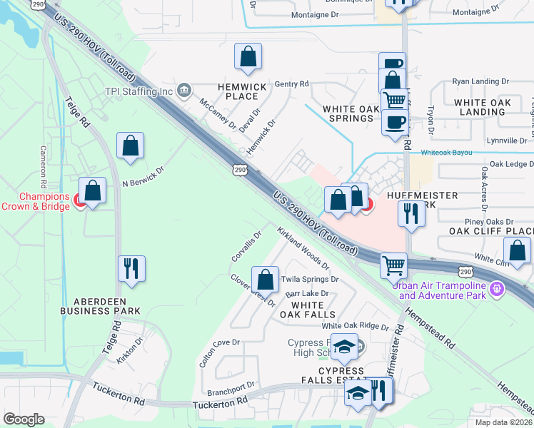 map of restaurants, bars, coffee shops, grocery stores, and more near 21126 Kirkland Woods Drive in Houston