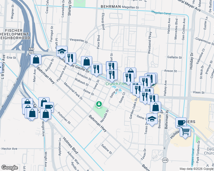 map of restaurants, bars, coffee shops, grocery stores, and more near 3361 General De Gaulle Drive in New Orleans