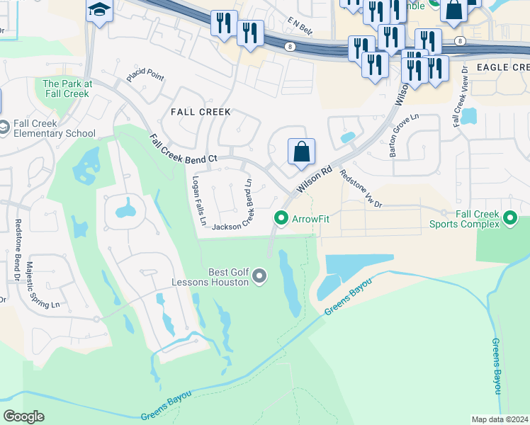 map of restaurants, bars, coffee shops, grocery stores, and more near 8610 Amy Brook Court in Humble