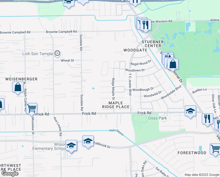 map of restaurants, bars, coffee shops, grocery stores, and more near 2754 Iris Valley Way in Houston