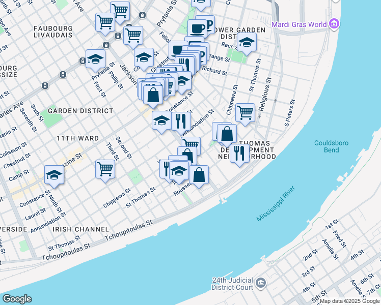 map of restaurants, bars, coffee shops, grocery stores, and more near 625 Jackson Avenue in New Orleans