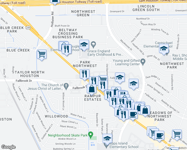 map of restaurants, bars, coffee shops, grocery stores, and more near 10355 Old Bammel N Houston Road in Houston
