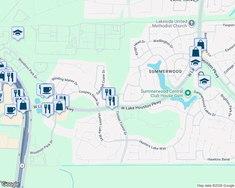 map of restaurants, bars, coffee shops, grocery stores, and more near Timber Forest Drive in Houston