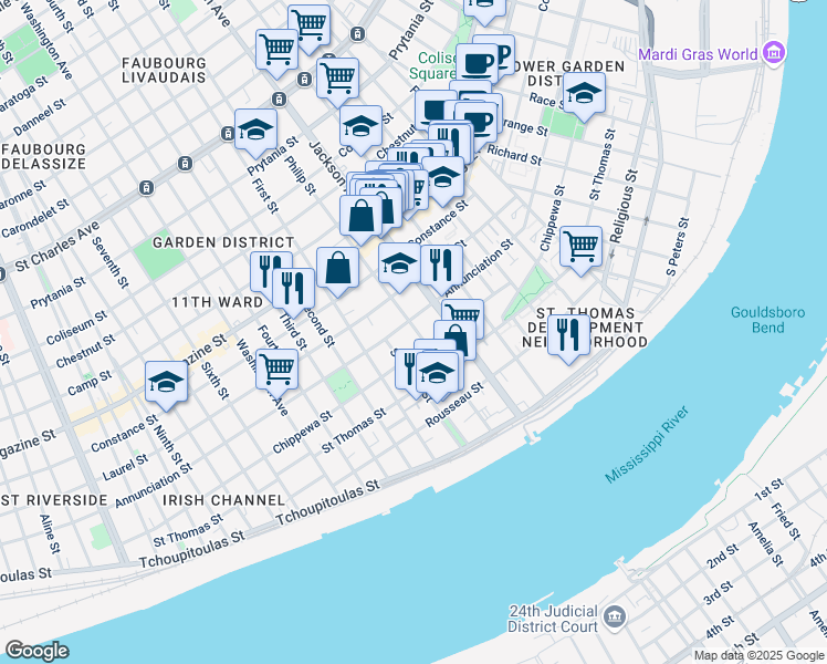 map of restaurants, bars, coffee shops, grocery stores, and more near 2224 Annunciation Street in New Orleans