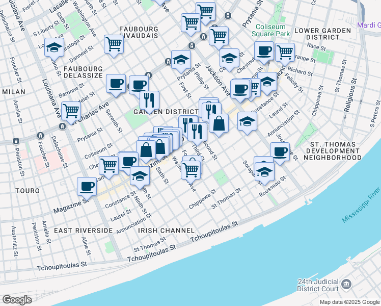 map of restaurants, bars, coffee shops, grocery stores, and more near 1021 Fourth Street in New Orleans