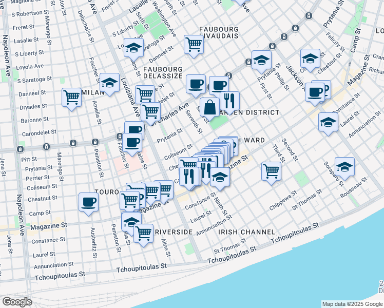 map of restaurants, bars, coffee shops, grocery stores, and more near 1308 Eighth Street in New Orleans