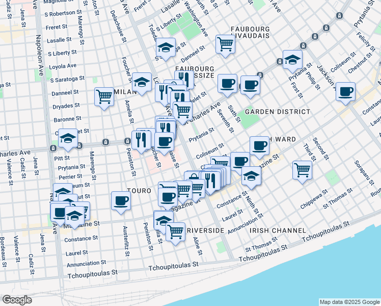 map of restaurants, bars, coffee shops, grocery stores, and more near 1427 Louisiana Avenue in New Orleans