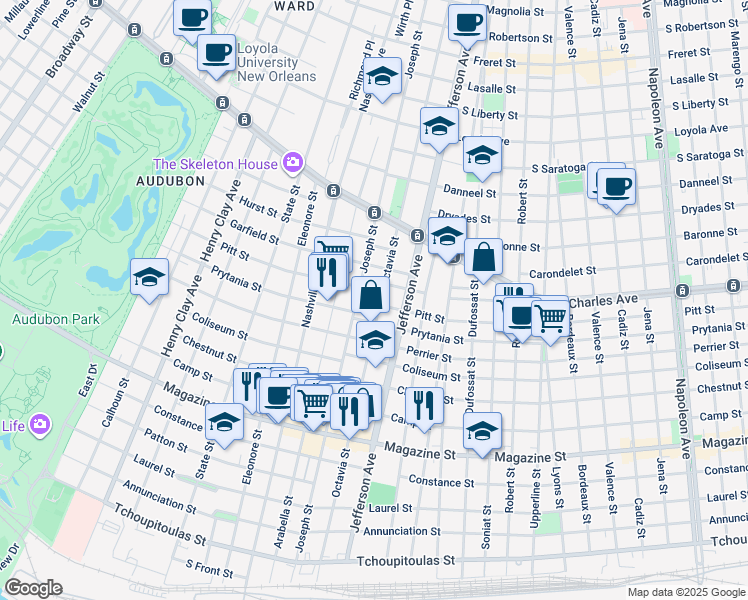 map of restaurants, bars, coffee shops, grocery stores, and more near 1333 Joseph Street in New Orleans