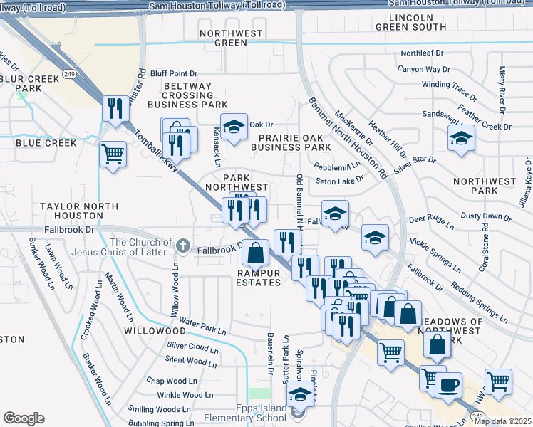 map of restaurants, bars, coffee shops, grocery stores, and more near 10355 Old Bammel N Houston Road in Houston