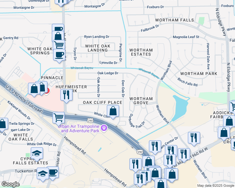 map of restaurants, bars, coffee shops, grocery stores, and more near 13326 Tara Oak Drive in Houston
