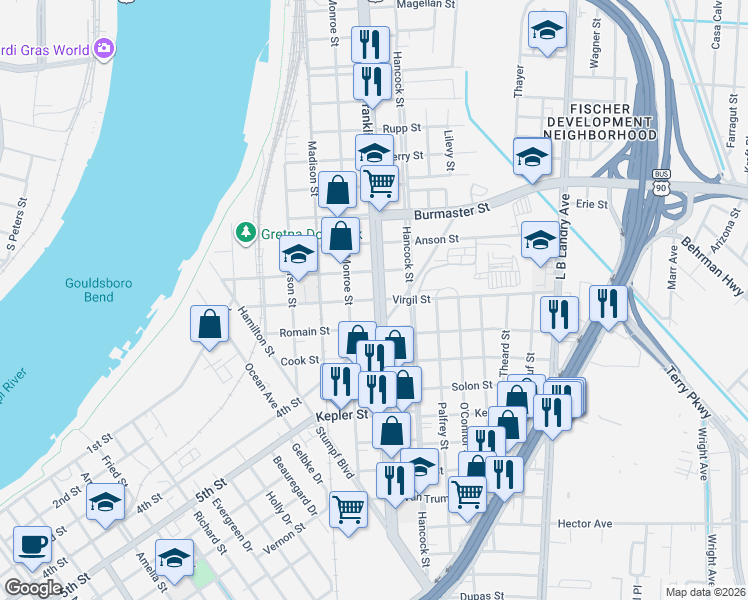 map of restaurants, bars, coffee shops, grocery stores, and more near 803 Virgil Street in Gretna