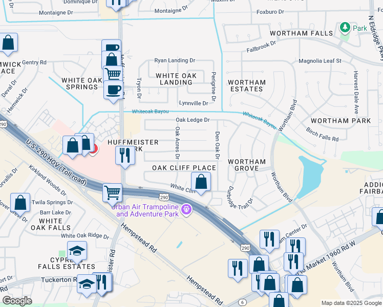 map of restaurants, bars, coffee shops, grocery stores, and more near 13411 Tara Oak Drive in Houston