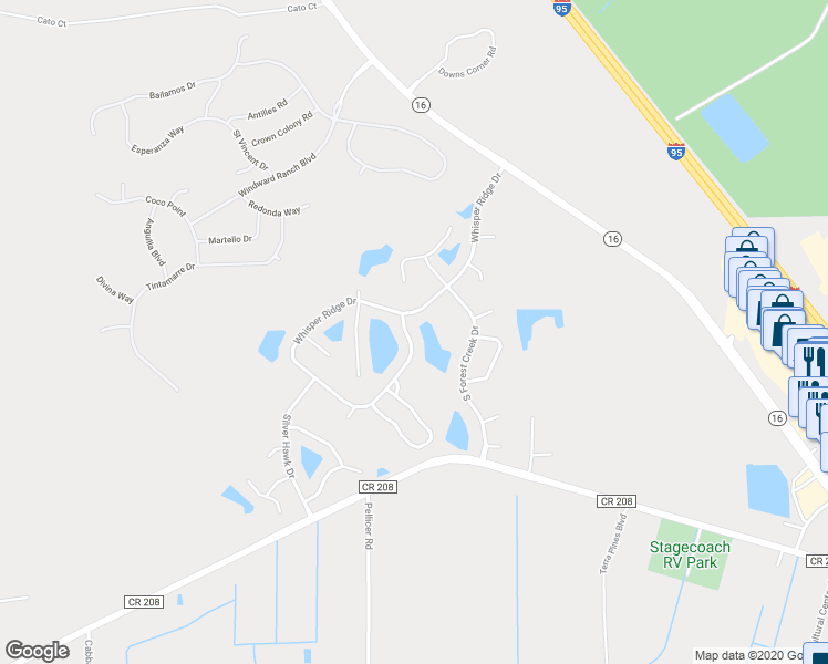 map of restaurants, bars, coffee shops, grocery stores, and more near 381 Whisper Ridge Drive in Saint Augustine