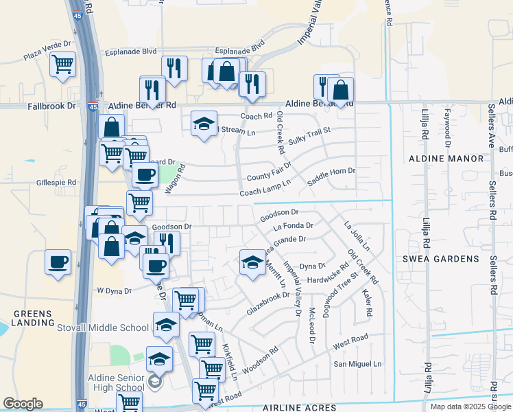 map of restaurants, bars, coffee shops, grocery stores, and more near 15426 Imperial Valley Drive in Houston