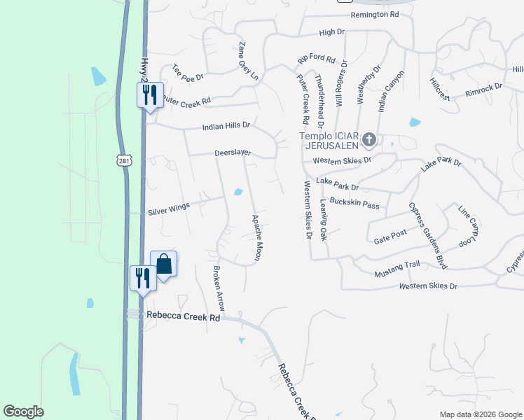 map of restaurants, bars, coffee shops, grocery stores, and more near 5025 Apache Moon in Spring Branch
