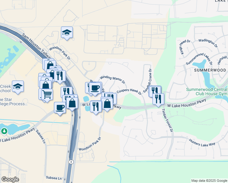 map of restaurants, bars, coffee shops, grocery stores, and more near 12715 Coopers Hawk Drive in Houston