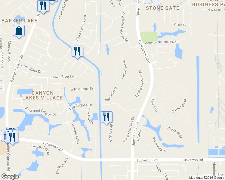 map of restaurants, bars, coffee shops, grocery stores, and more near 10707 Opal Ridge Drive in Houston