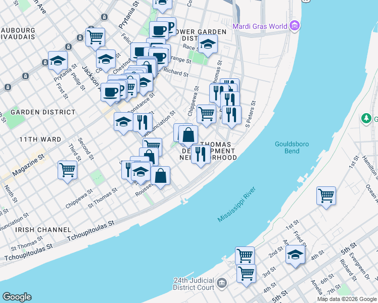 map of restaurants, bars, coffee shops, grocery stores, and more near 520 Saint Andrew Street in New Orleans
